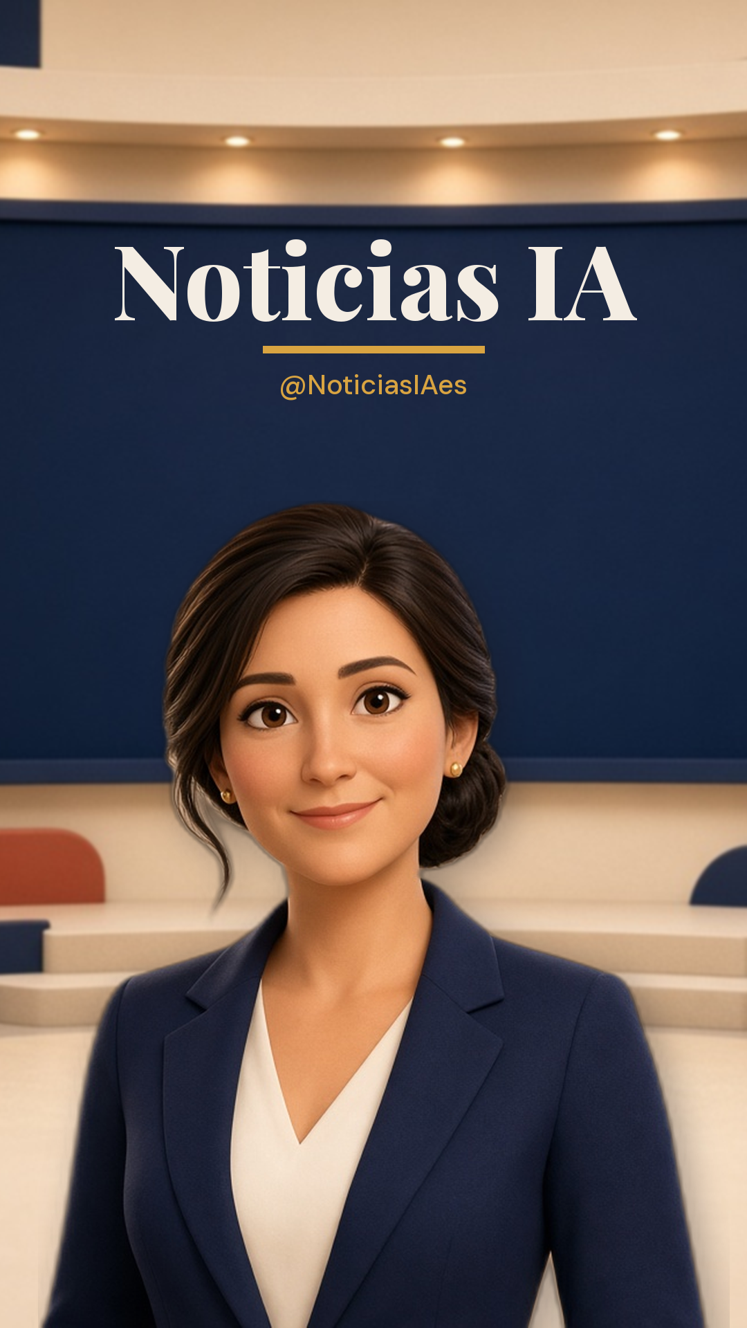 Presentadora virtual de Noticias IA, de cabeza a torso, en el plató